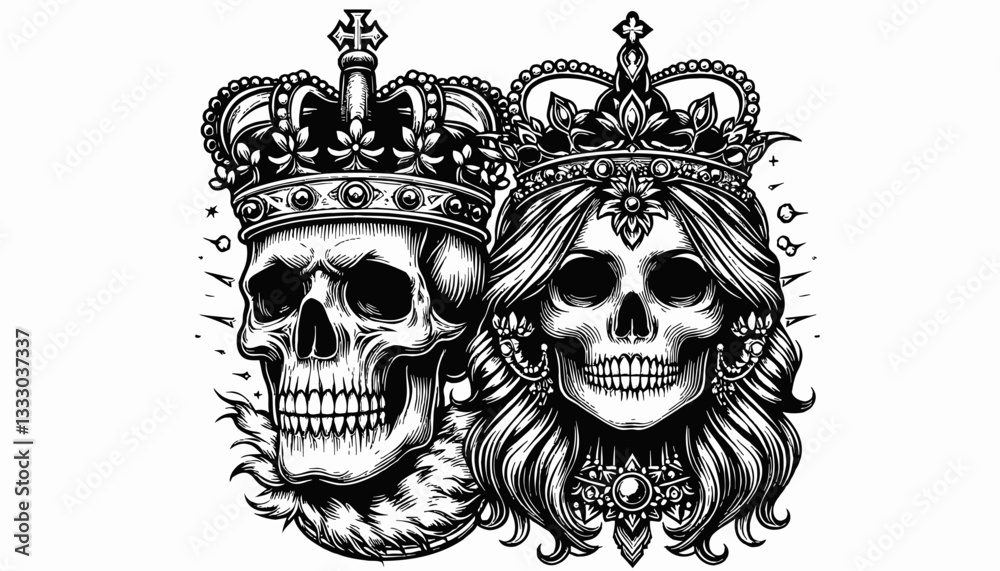 Fototapeta premium Two Skulls with Crowns in Detailed Black and White Drawing Style Illustration
