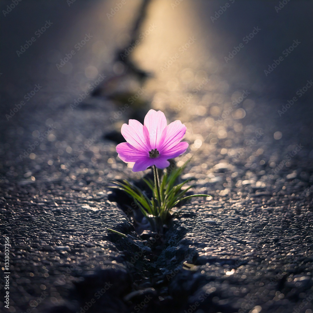 pink flower growing out of a crack in a road