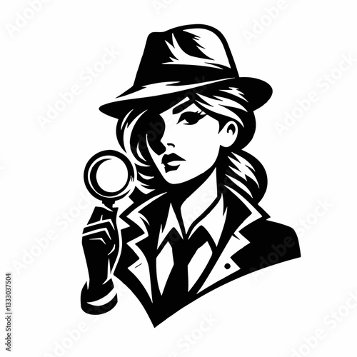 Female Detective in Hat and Coat with Magnifying Glass Vector Silhouette