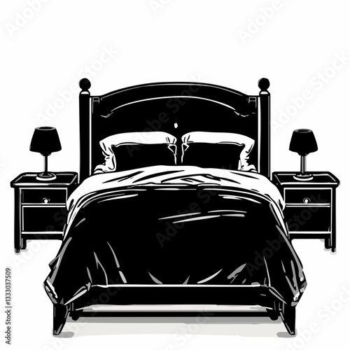Black and White Bedroom Bed Illustration. Vector image
