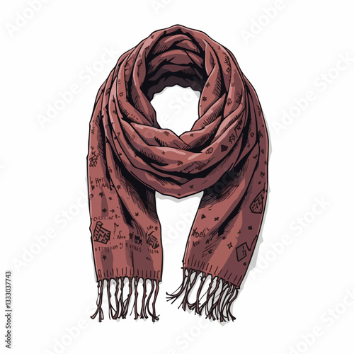 Brown patterned scarf with tassels. Vector image