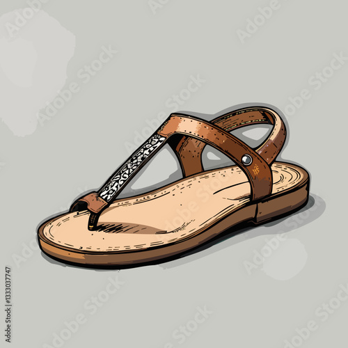 Brown Leather Thong Sandal with Ankle Strap and Embellishment. Vector image