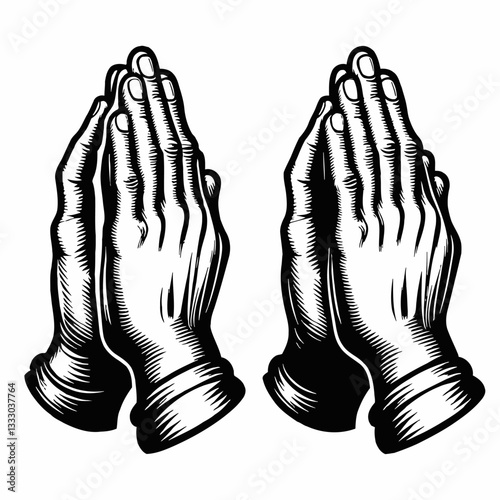 Illustration of Praying Hands in Detailed Black and White Outline Line Art Drawing