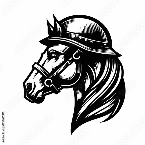 Horse with Helmet Vector Illustration in Black and White