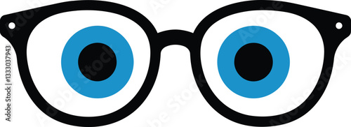 Stylish black-framed glasses with blue and black circular lenses in a minimal flat design, showcasing a modern aesthetic in vector art