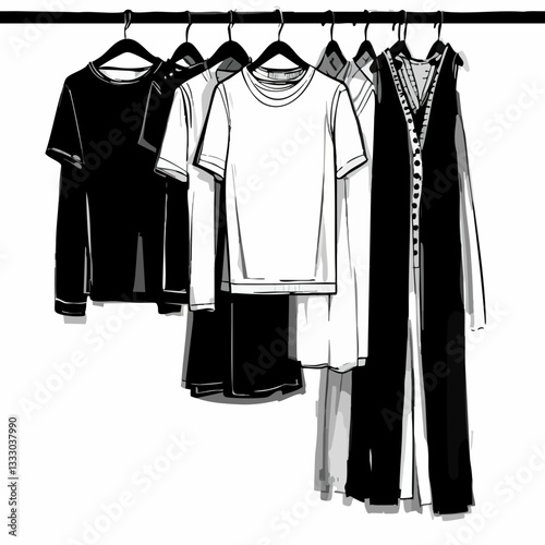 Clothing Items Hanging on Rack Monochrome Sketch. Vector image