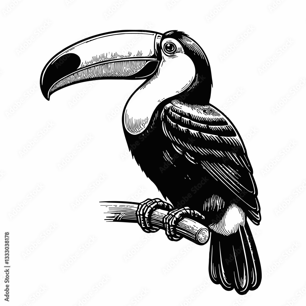 Fototapeta premium Detailed Vector Illustration of a Toucan Perched on a Branch in Black and White