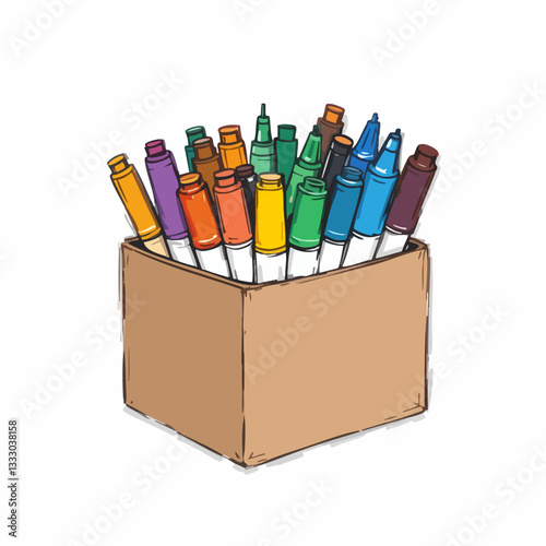 Colorful Markers in Cardboard Box Illustration. Vector image