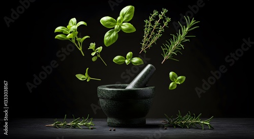 Fresh green herbs basil rosemary thyme in dark mortar and pestle food diet spice black image plant