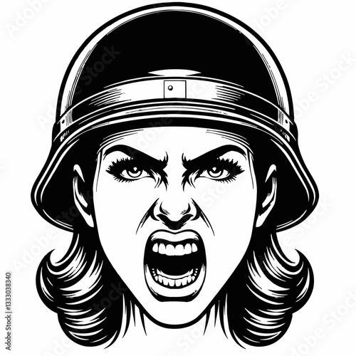 Angry Woman Face with Helmet Screaming in Detailed Black and White Line Art Drawing