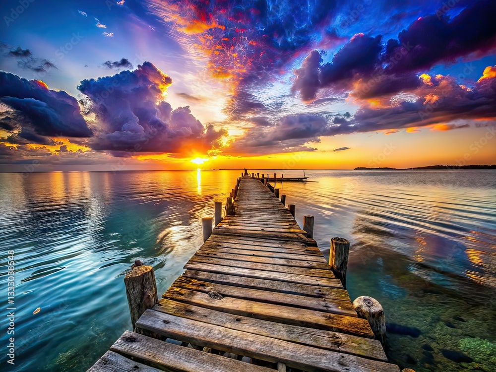 Obraz premium Abandoned Jetty Sunset Bokeh Photography, Dramatic Sunset, Coastal Scenery, AI Art