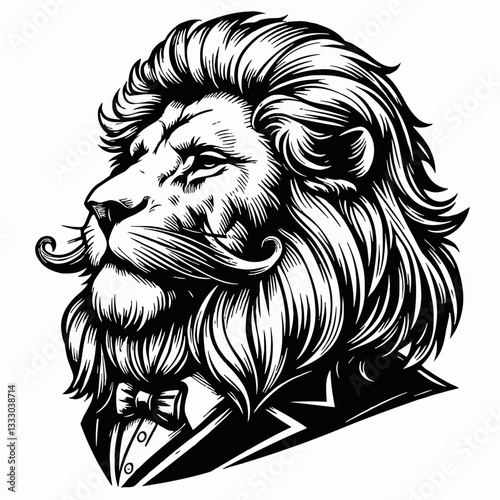 Lion Head with Moustache and Bow Tie in Black and White Vector Illustration