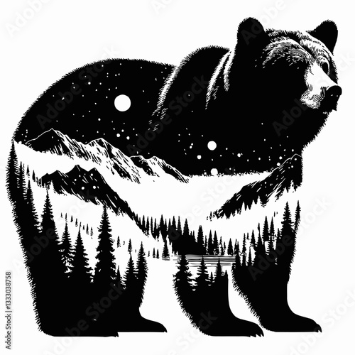 Bear Silhouette Filled with Night Sky, Mountains and Trees, Vector Graphic