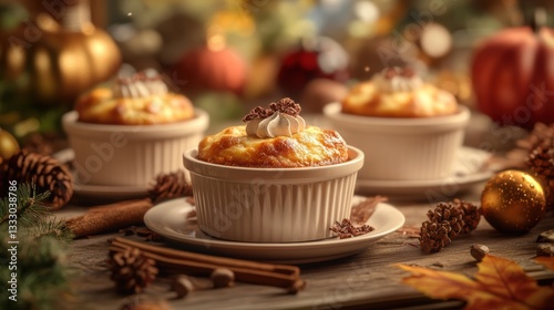Festive autumn dessert table setting with pumpkin souffle and seasonal decor