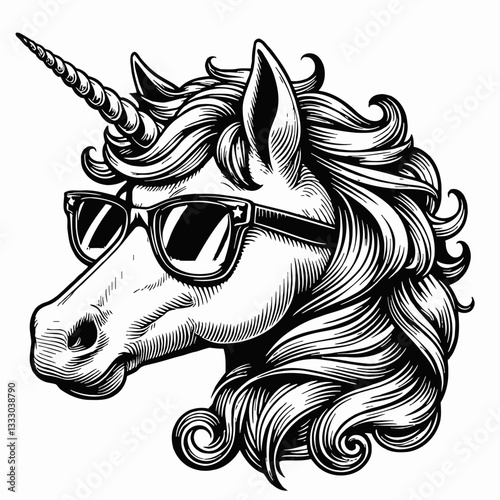 Unicorn with Sunglasses Black and White Illustration Cool Horned Horse
