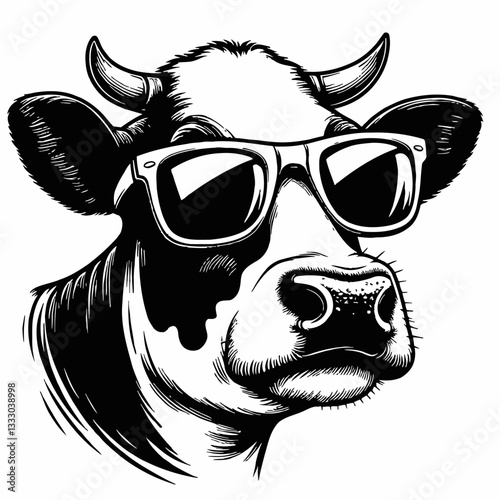 Cartoon Vector of A Cow Wearing Sunglasses, Black and White Illustration Style