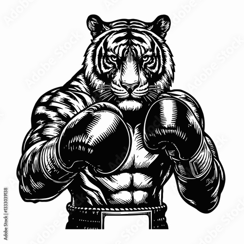 Tiger Boxer in Boxing Gloves Vintage Illustration Vector Graphic in Black and White