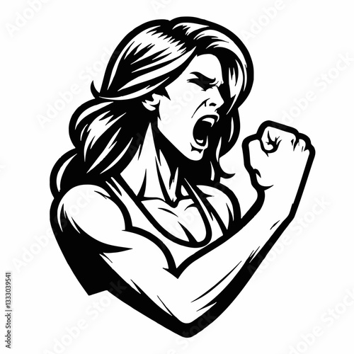 Strong Woman Shouting Raising Fist in Black and White Vector Illustration