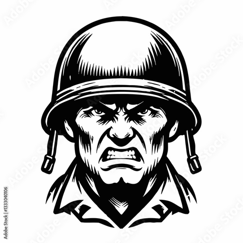 Soldier with Angry Face Expression Vector Illustration in Black and White