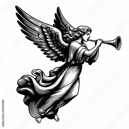 Angel with Wings Playing Trumpet, Vintage Vector Illustration in Black and White Style