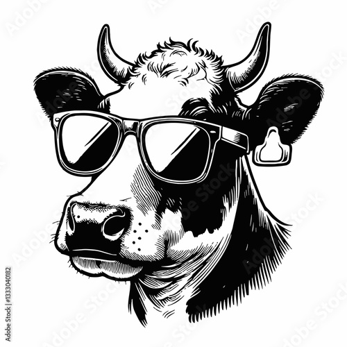 Cow Wearing Sunglasses Vector Illustration in Black and White Line Art