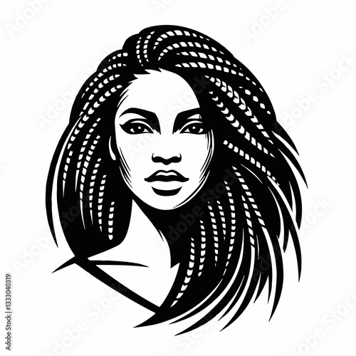 Black And White Portrait of a Woman with Braids Hair in Vector Illustration Style