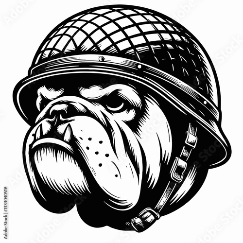 Bulldog Head with Military Helmet, Vector Graphic Illustration in Black and White