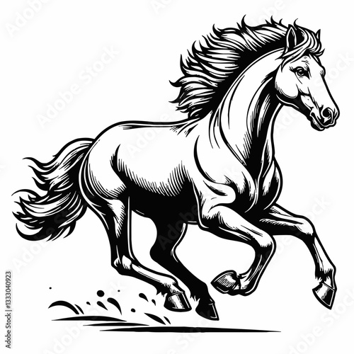 Vector Illustration of a Running Horse, Black and White Line Art, Isolated