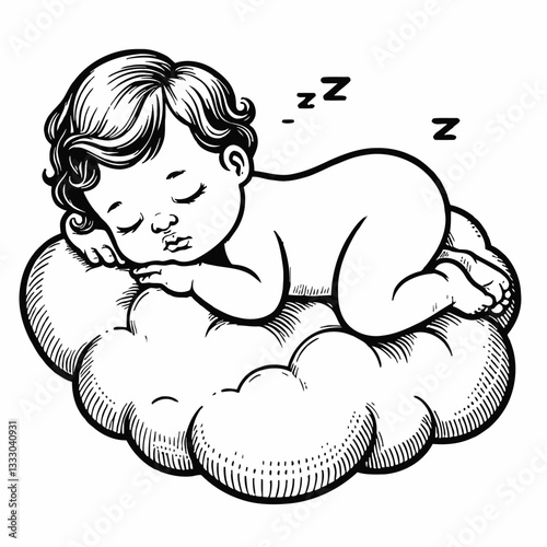 Cute Baby Sleeping on a Cloud Illustration in Black and White Line Art Style Vector Design