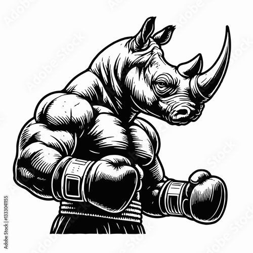 Muscular Rhino Boxer in Black and White Vector Illustration