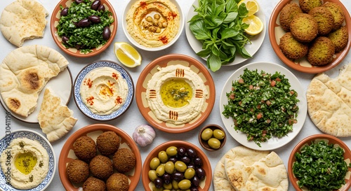 Delicious mediterranean food platter with hummus falafel and pita bread top meal herb view vegan
