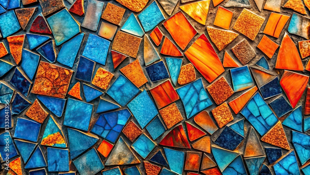 Fototapeta premium Abstract Stained Glass Mosaic - Blue Orange Irregular Shapes
