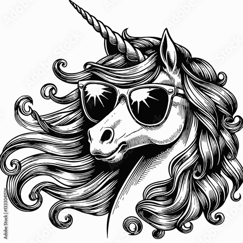 Cool Unicorn Wearing Sunglasses Detailed Black and White Line Art Drawing Vector Illustration