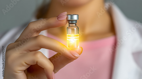 A scientist holding a vial of liquid that glows, representing a new biotech breakthrough in medicine