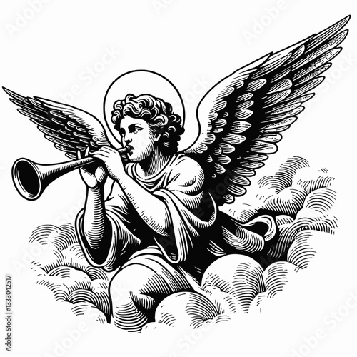 Vintage engraving illustration of angel playing trumpet on clouds in black and white