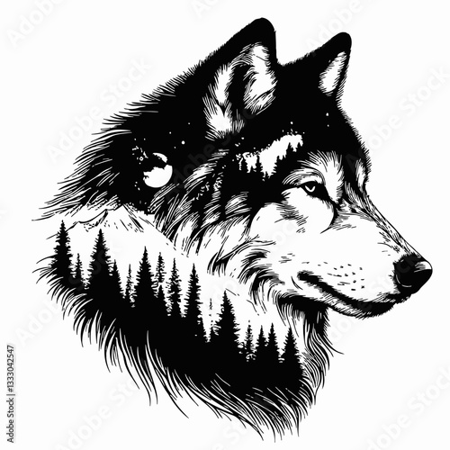 Vector Illustration of Wolf Head with Forest, Moon and Mountain Inside in Black and White