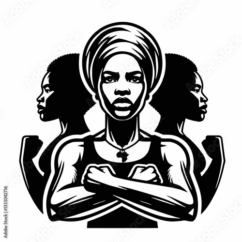 Black woman empowerment vector illustration with raised fist in black and white