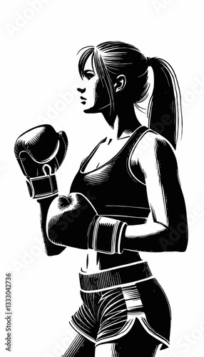 Boxer woman in fighting stance monochrome vector illustration with boxing gloves ready to fight