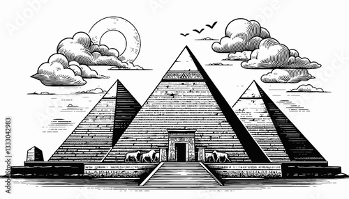 Black and White Vector Illustration of Egyptian Pyramids with Clouds and Birds
