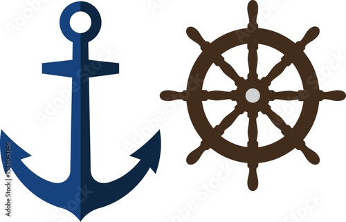 Nautical anchor and ship wheel icons in flat design style showcasing maritime themes with a modern touch, vector illustration