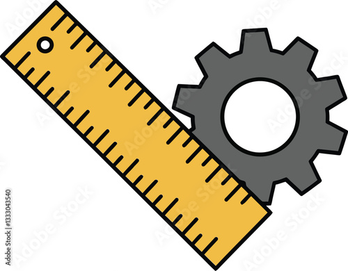 Yellow ruler and black gear in flat design style representing measurement tools for engineering and design projects in vector art