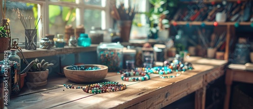 A vibrant artisan workspace filled with colorful beads, tools, and natural light streaming through windows