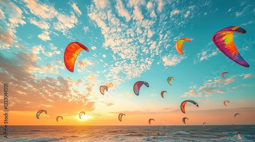 Vibrant kitesurfing scene against a breathtaking sunset ocean panorama