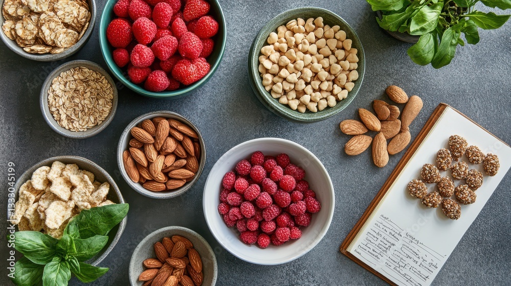 Flat lay of healthy snacks with a gratitude journal, soft lighting, promoting mental well-being alongside balanced nutrition for weight loss Flat lay of healthy snacks with a gratitude journal, soft lighting, promoting mental well-being alongside balanced nutrition for weight loss