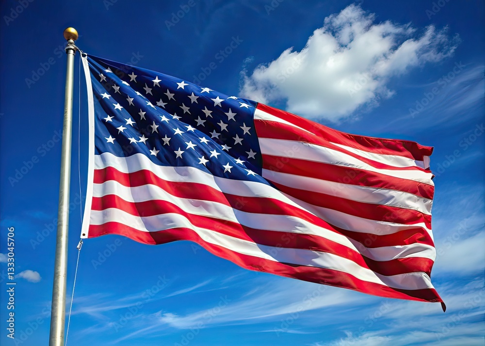 Fototapeta premium American Flag Waving in Wind, Blue Sky, Patriotic Photography, High Resolution
