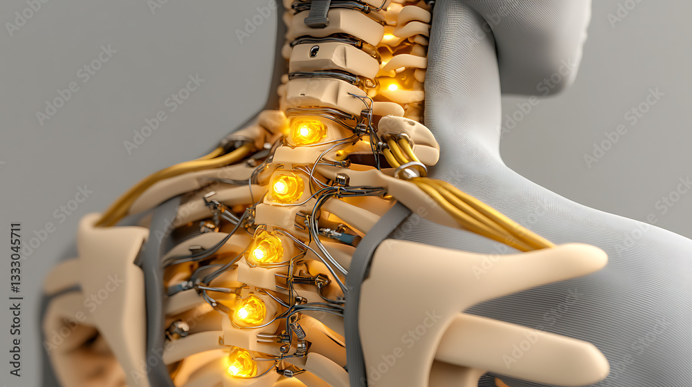Fototapeta premium A wearable biotech exosuit designed to enhance human endurance, glowing energy nodes along its structure