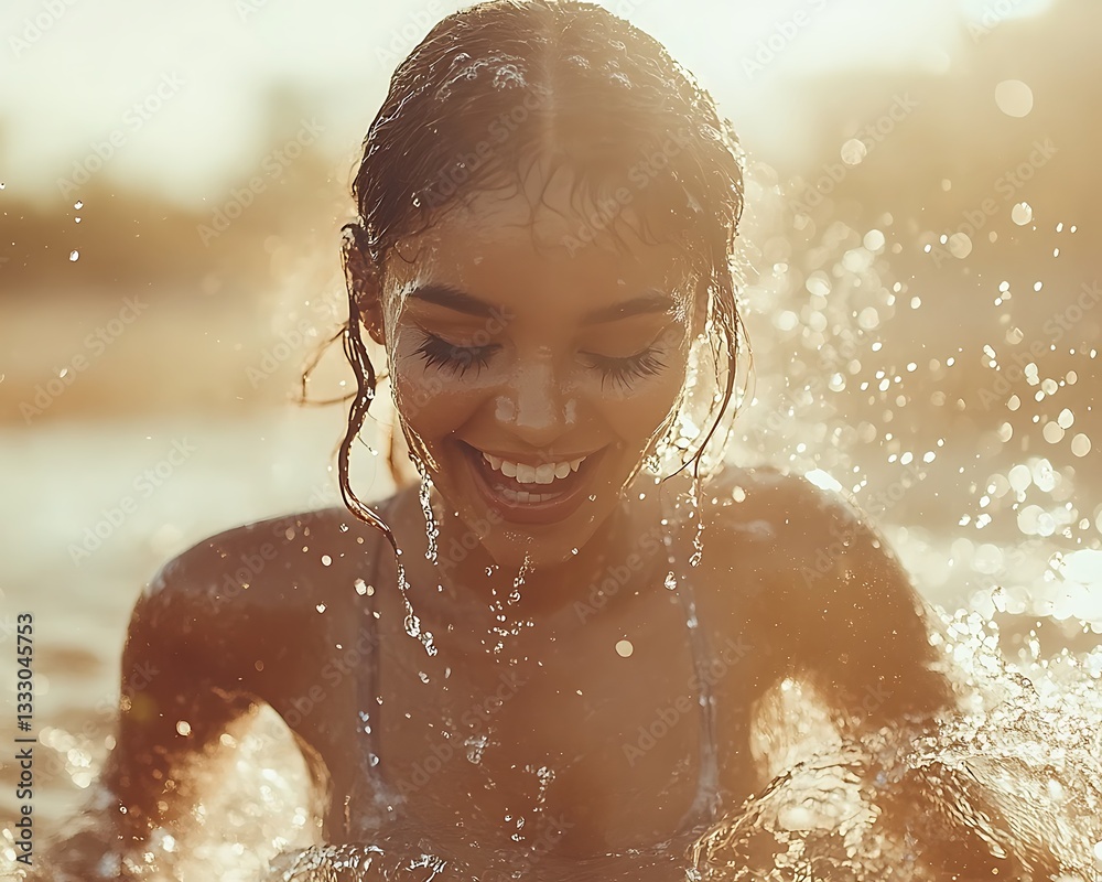 Obraz premium Joyful Woman Playing in Beach Water.