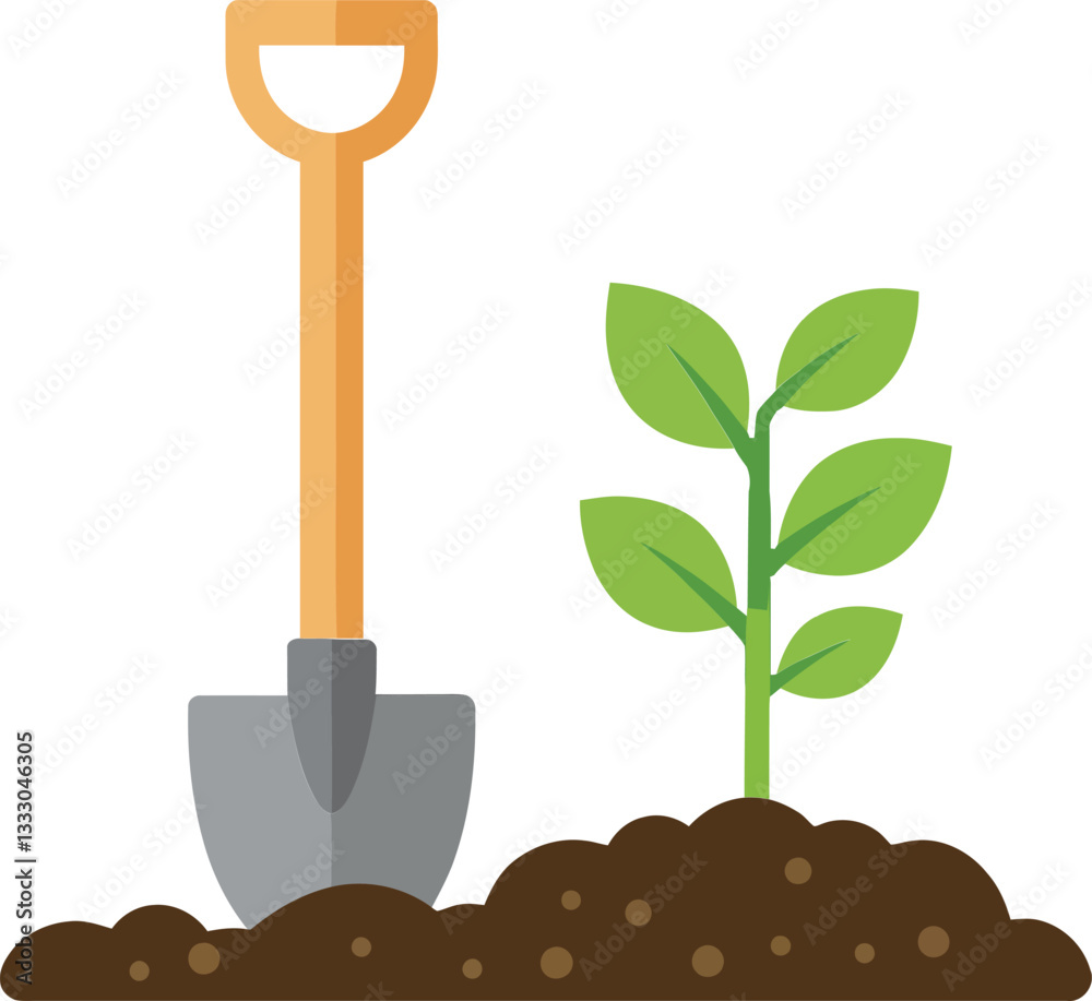 Shovel resting beside a green plant growing in rich brown soil, minimalistic design, showcasing gardening activity, nurturing nature, vector illustration