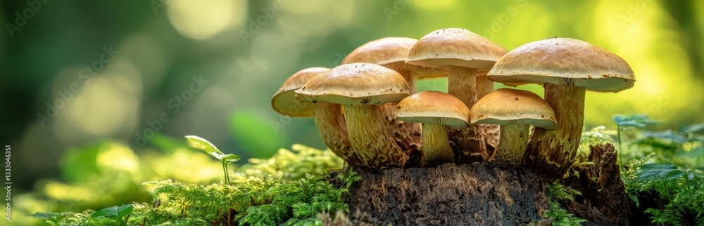 Cluster of mushrooms basking in sunlight on a mossy tree stump in a lush forest. Cluster of mushrooms basking in sunlight on a mossy tree stump in a lush forest.