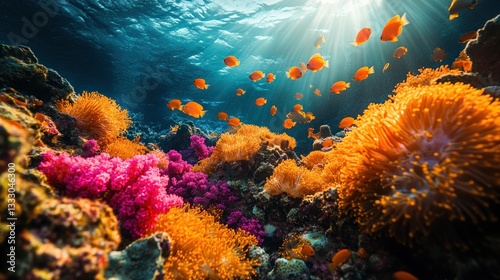 Underwater coral reef vibrant fish sunlight photo